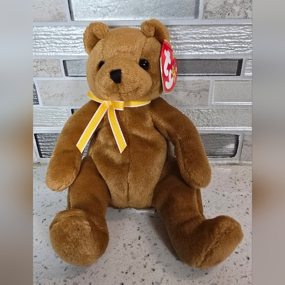 TY - Sherwood - Brown Teddy Bear with Yellow Ribbon - Picture 1 of 5